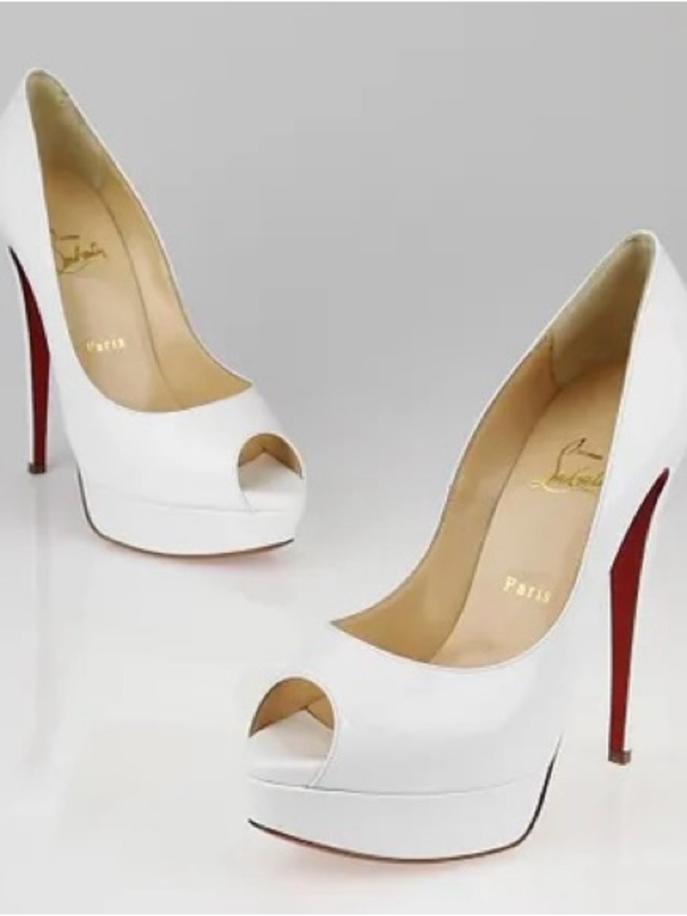 Christian Louboutin Patent Off White Peep-Toe Platform Stilettos 150 Lady Peep